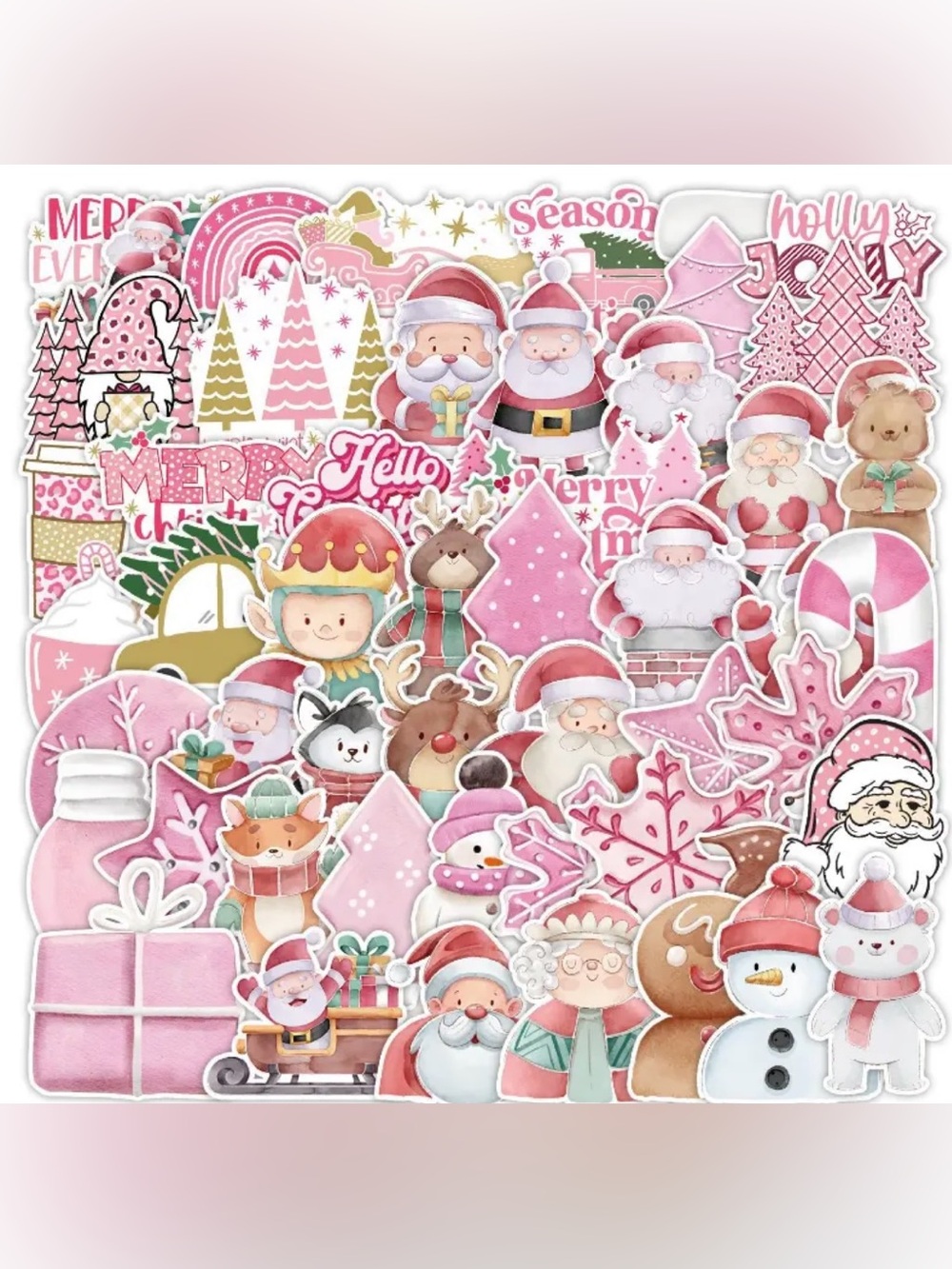 50 Pink Christmas Stickers Holiday Santa Elf Reindeer Candy Cane Snowman Gift